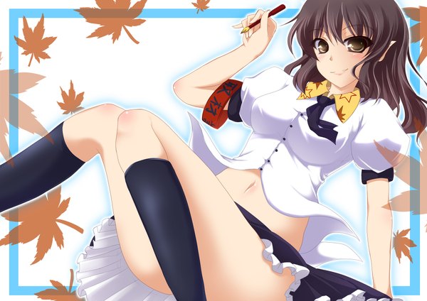 Anime picture 2042x1444 with touhou shameimaru aya negamaro highres light erotic black hair brown eyes star print girl skirt leaf (leaves) pen
