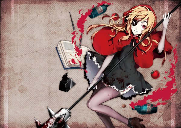 Anime picture 1000x707 with original arisaka ako long hair blonde hair smile red eyes girl thighhighs dress black thighhighs book (books) blood eyepatch apple