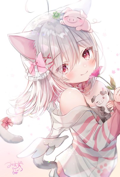 Anime picture 1384x2047 with virtual youtuber indie virtual youtuber manao misuzu manao misuzu (artist) tall image fringe simple background smile hair between eyes red eyes bare shoulders holding signed animal ears silver hair upper body ahoge tail head tilt animal tail