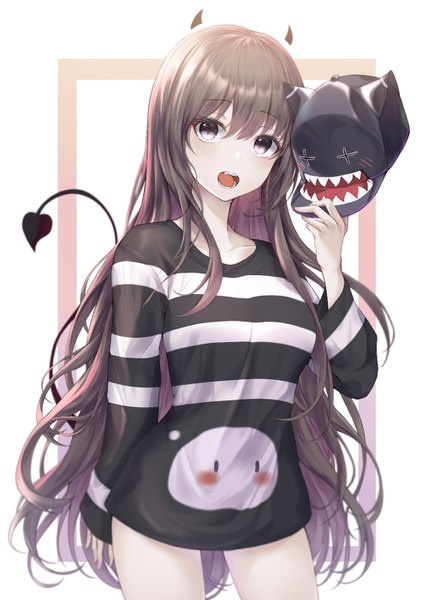Anime picture 1000x1400 with maplestory g home single long hair tall image looking at viewer blush fringe open mouth simple background hair between eyes brown hair standing white background holding tail long sleeves horn (horns) grey eyes fang (fangs)