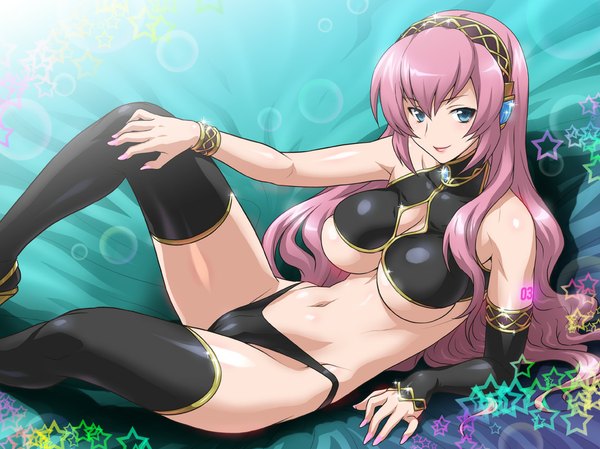 Anime picture 1067x800 with vocaloid megurine luka joy ride long hair breasts blue eyes light erotic pink hair girl thighhighs navel underwear panties black thighhighs detached sleeves headphones star (stars)