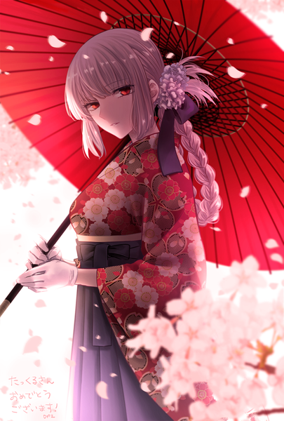 Anime picture 642x950 with fate (series) fate/grand order florence nightingale (fate) sushimaro (meganekureyo) single long hair tall image looking at viewer fringe breasts red eyes standing holding payot silver hair blunt bangs braid (braids) traditional clothes parted lips japanese clothes