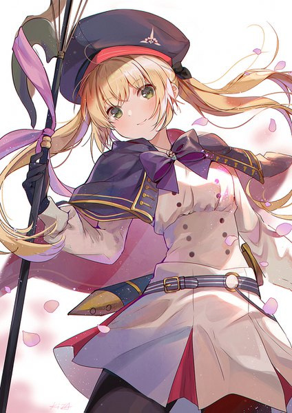 Anime picture 1000x1415 with fate (series) fate/grand order artoria pendragon (all) artoria caster (fate) kita (kitairoha) single long hair tall image looking at viewer blush blonde hair twintails green eyes head tilt light smile double buttons girl gloves hat petals