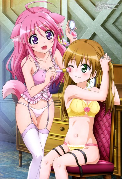 Anime picture 4079x5932 with dog days megami magazine millhiore f biscotti rebecca anderson hashidate kana long hair tall image blush highres open mouth light erotic brown hair sitting purple eyes twintails multiple girls green eyes animal ears pink hair absurdres