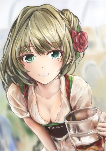 Anime picture 703x1000 with idolmaster idolmaster cinderella girls takagaki kaede nannacy7 single tall image looking at viewer fringe short hair breasts light erotic smile brown hair holding cleavage upper body traditional clothes hair flower aqua eyes mole