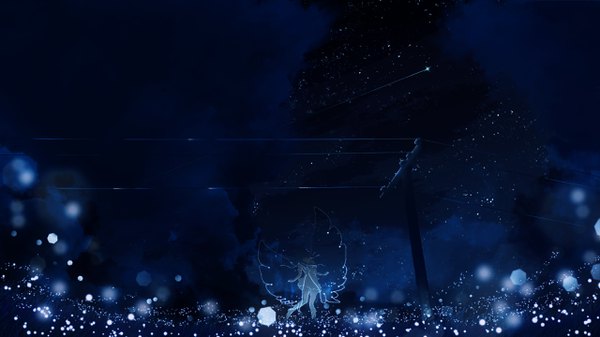 Anime picture 2560x1440 with original y y (ysk ygc) single long hair highres wide image cloud (clouds) full body from behind night bare legs wallpaper night sky fantasy scenic transparent fairy girl plant (plants) wings