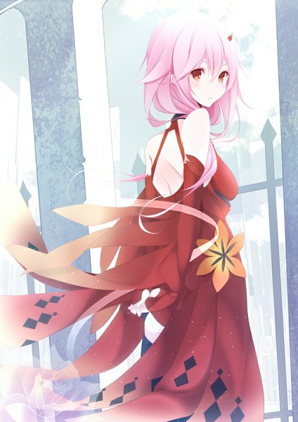 Anime picture 706x1000 with guilty crown production i.g yuzuriha inori kisaichi jin single long hair tall image blush red eyes bare shoulders pink hair looking back back girl hair ornament detached sleeves hairclip fingerless gloves bodysuit