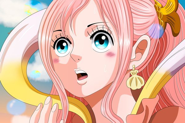 Anime picture 4500x3000 with one piece toei animation shirahoshi bryanfavr single long hair blush fringe highres open mouth blue eyes hair between eyes payot looking away pink hair absurdres sky cloud (clouds) teeth coloring