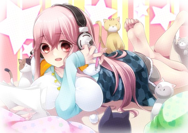 Anime picture 3507x2480 with nitroplus super sonico takamiya ren long hair looking at viewer blush highres breasts open mouth light erotic large breasts pink hair absurdres pink eyes barefoot legs girl animal headphones cat