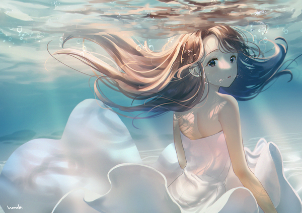 Anime picture 1637x1158 with original hanako151 single long hair looking at viewer fringe open mouth brown hair brown eyes signed looking back from behind sunlight floating hair underwater ripples girl dress white dress bubble (bubbles)