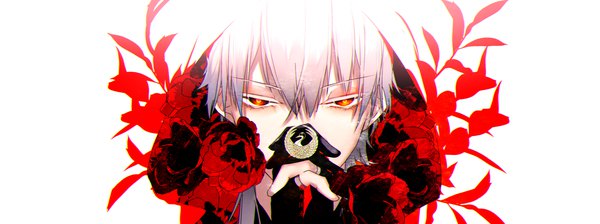 Anime picture 4500x1687 with touken ranbu nitroplus tsurumaru kuninaga motsuni (lxxe1120) single looking at viewer fringe highres short hair simple background hair between eyes red eyes wide image white background silver hair hands clasped interlocked fingers boy gloves flower (flowers)