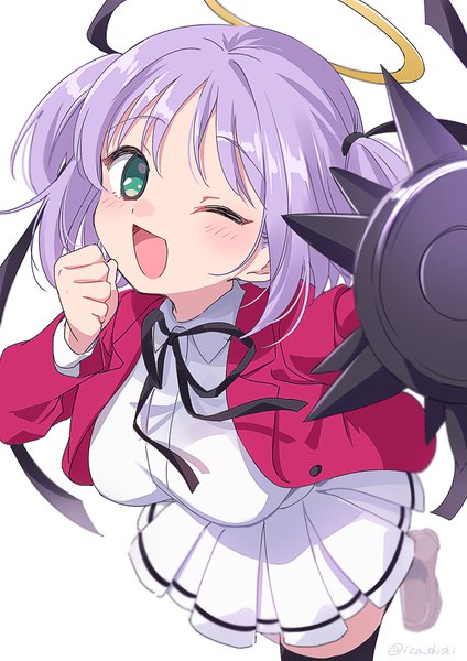 Anime picture 800x1131 with bokusatsu tenshi dokuro-chan mitsukai dokuro ica single tall image looking at viewer short hair open mouth simple background white background green eyes purple hair one eye closed wink two side up ;d girl weapon halo mace