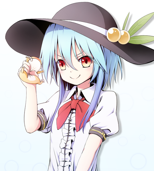 Anime picture 900x1000 with touhou hinanawi tenshi 40cabbage single long hair tall image looking at viewer blush simple background smile hair between eyes red eyes white background blue hair alternate hairstyle alternate hair length girl hat frog