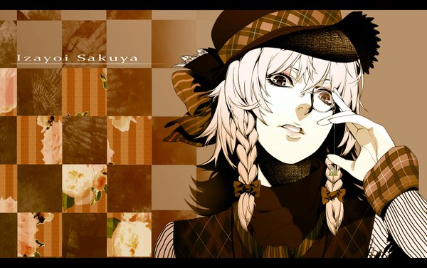 Anime picture 1720x1080 with touhou izayoi sakuya irohara mitabi single highres short hair braid (braids) inscription wallpaper twin braids portrait letterboxed brown background checkered background girl bow hair bow hat monocle