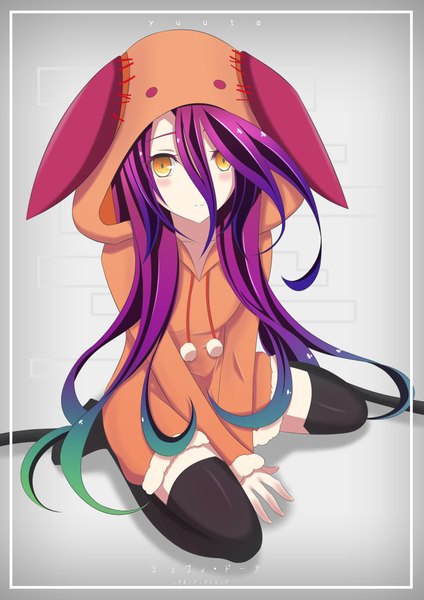 Anime picture 3035x4299 with no game no life madhouse shuvi (no game no life) yuuta (yuuta0312) single tall image looking at viewer blush fringe highres simple background hair between eyes sitting signed yellow eyes absurdres purple hair full body very long hair multicolored hair