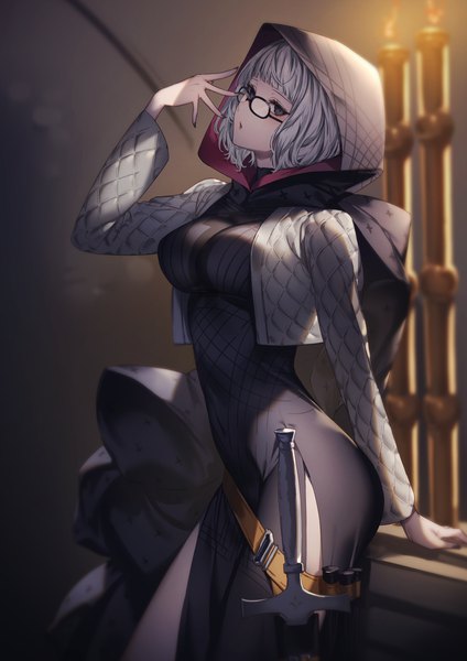 Anime picture 1400x1980 with fate (series) fate/grand order jacques de molay (foreigner) (fate) kyouya (mukuro238) single tall image looking at viewer fringe short hair breasts open mouth standing silver hair blunt bangs long sleeves arm up arm support open jacket grey eyes girl