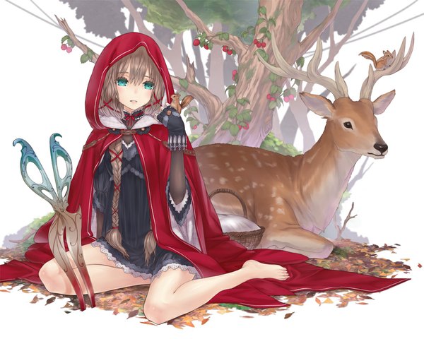 Anime picture 999x800 with original 2d (artist) long hair looking at viewer blush fringe brown hair sitting lying braid (braids) barefoot horn (horns) aqua eyes bare legs no shoes twin braids girl dress gloves plant (plants)