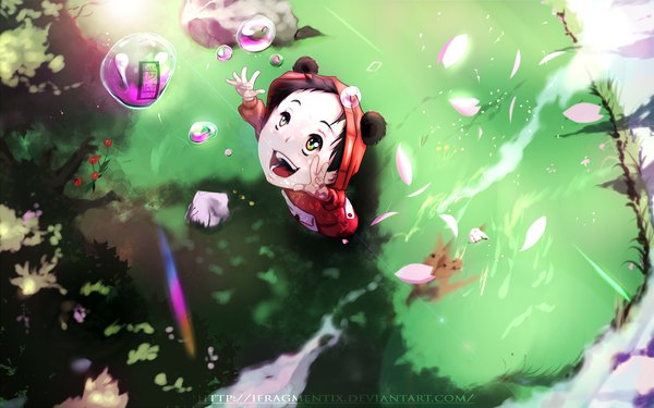 Anime picture 2200x1375 with original ifragmentix single highres short hair black hair wide image green eyes animal ears from above sunlight loli coloring flower (flowers) petals hood bubble (bubbles) child (children)