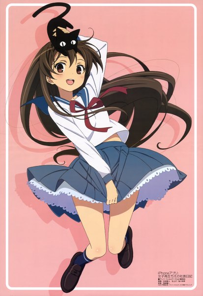 Anime picture 4088x5931 with megami magazine single tall image looking at viewer blush fringe highres open mouth brown hair brown eyes absurdres very long hair official art girl skirt uniform school uniform cat