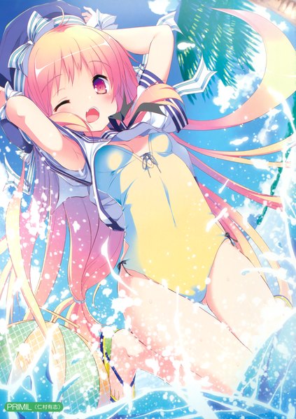 Anime-Bild 2469x3500 mit melonbooks nimura yuuji single long hair tall image looking at viewer blush highres open mouth light erotic pink hair one eye closed pink eyes wink scan girl swimsuit water one-piece swimsuit