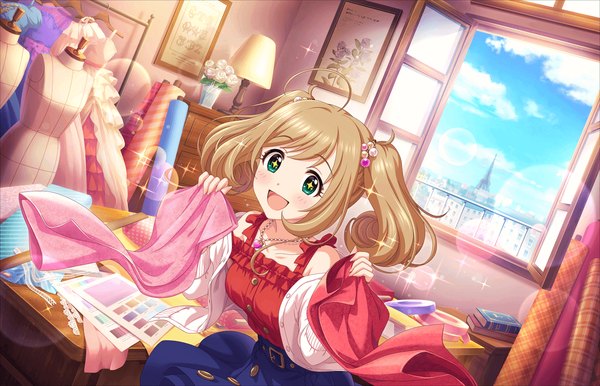 Anime picture 1280x824 with idolmaster idolmaster cinderella girls idolmaster cinderella girls starlight stage satou shin annindoufu (oicon) single long hair blush open mouth brown hair twintails holding green eyes cloud (clouds) ahoge indoors official art sparkle symbol-shaped pupils + +