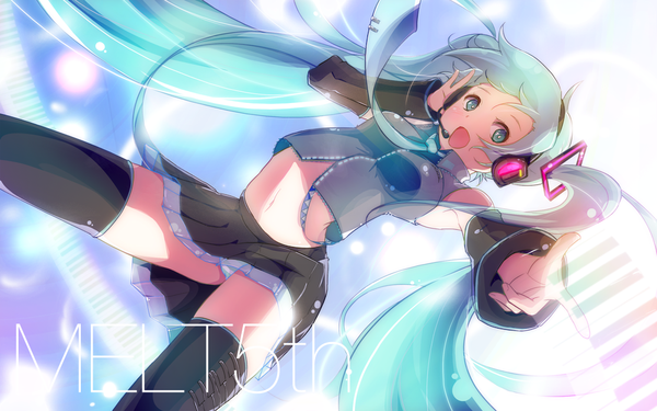 Anime picture 1000x626 with vocaloid hatsune miku ivioss open mouth light erotic wide image twintails very long hair aqua eyes aqua hair pantyshot girl thighhighs navel black thighhighs detached sleeves miniskirt headphones