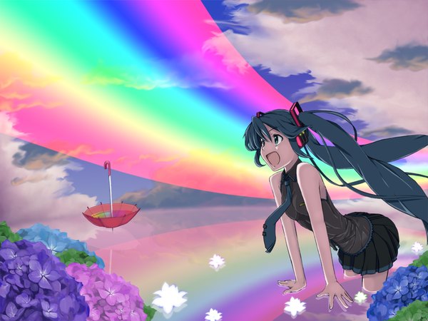 Anime picture 1024x768 with vocaloid hatsune miku girl flower (flowers) miniskirt necktie umbrella rainbow