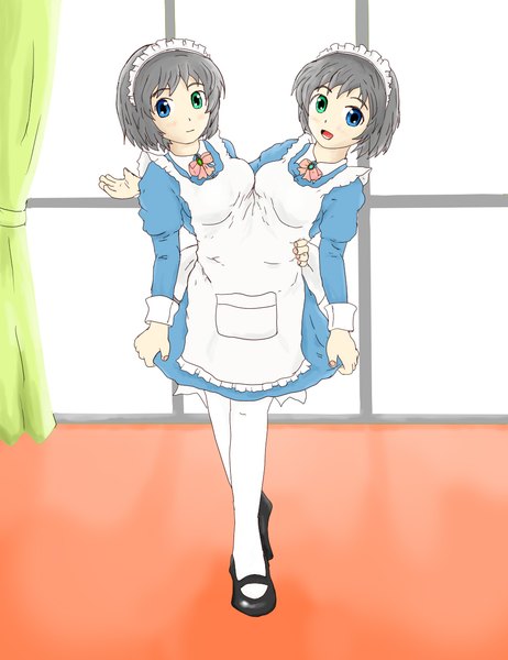 Anime picture 1000x1300 with original ftt tall image looking at viewer blush fringe short hair open mouth blue eyes black hair smile standing green eyes full body long sleeves :d maid heterochromia siamese twins girl