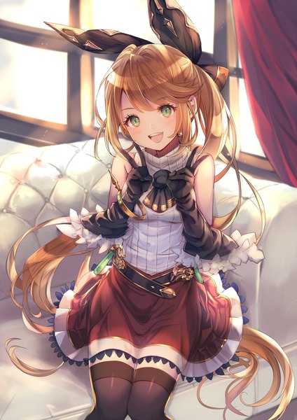 Anime picture 848x1200 with granblue fantasy clarisse (granblue fantasy) aoi (kirabosi105) single long hair tall image looking at viewer blush fringe breasts open mouth smile brown hair sitting green eyes ponytail :d zettai ryouiki victory girl