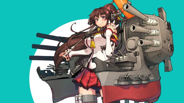 Anime picture 1920x1080 with kantai collection yamato super battleship tamoritadadi single long hair looking at viewer blush highres simple background brown hair wide image brown eyes ponytail wallpaper girl skirt hair ornament weapon miniskirt socks