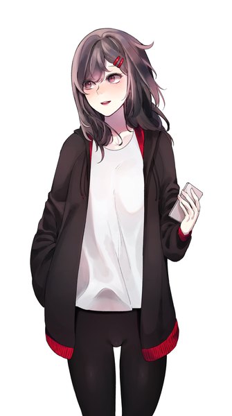 Anime picture 1618x2898 with kagerou project shaft (studio) tateyama ayano rax (pixiv 47057609) single long hair tall image blush fringe open mouth light erotic simple background brown hair white background holding brown eyes looking away open jacket alternate costume hand in pocket