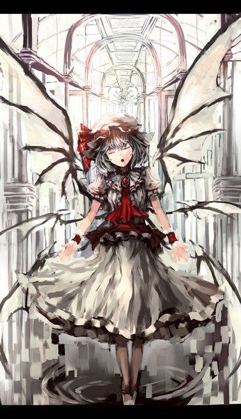 Anime picture 578x1000 with touhou remilia scarlet makai no juumin single tall image fringe short hair open mouth standing eyes closed grey hair bat wings singing multiple wings girl dress ribbon (ribbons) hat wings lace
