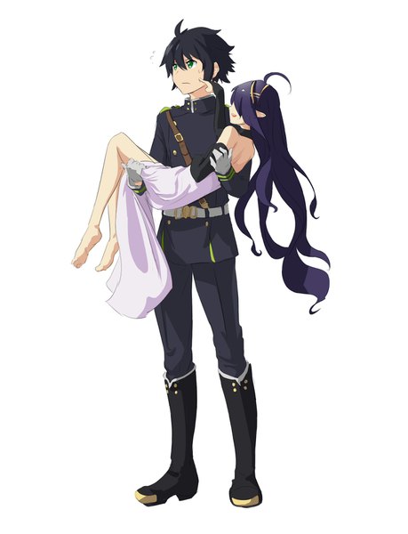 Anime picture 1300x1700 with owari no seraph wit studio hyakuya yuuichirou ashuramaru saruno (eyesonly712) long hair tall image fringe short hair open mouth black hair simple background hair between eyes standing white background bare shoulders holding green eyes looking away purple hair