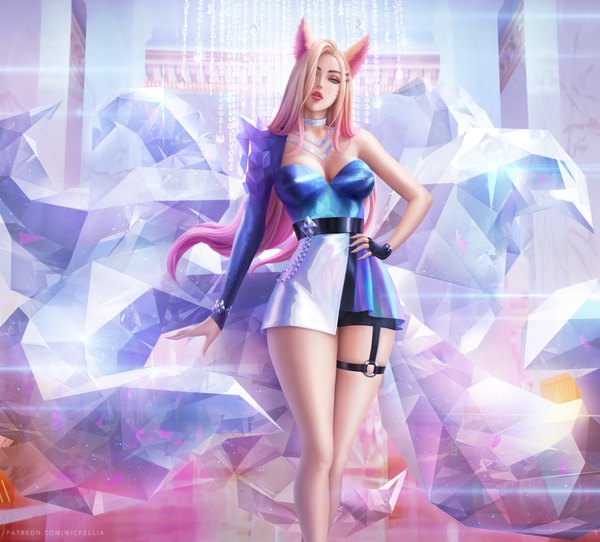 Anime picture 7200x6500 with league of legends k/da (league of legends) ahri (league of legends) the baddest ahri wickellia single long hair looking at viewer fringe highres breasts blue eyes light erotic blonde hair large breasts standing animal ears absurdres cleavage tail