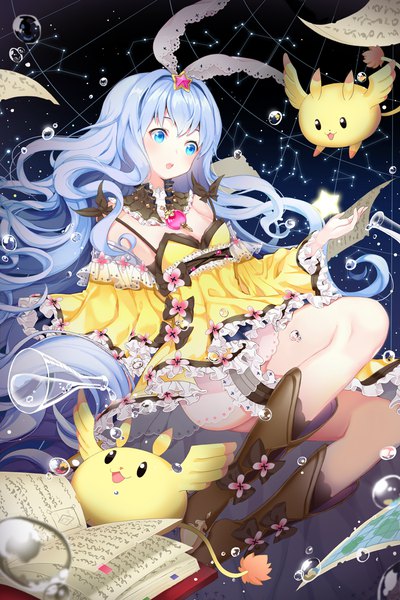 Anime picture 750x1125 with sword girls gotmil single long hair tall image blush open mouth blue eyes blue hair looking away girl dress flower (flowers) boots frills book (books) bubble (bubbles)