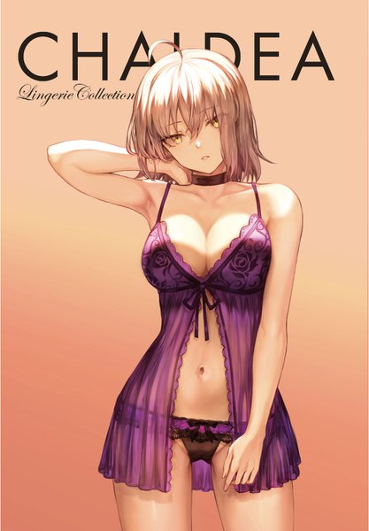Anime picture 950x1367 with fate (series) fate/grand order jeanne d'arc (fate) (all) jeanne d'arc alter (fate) mashuu (neko no oyashiro) single tall image looking at viewer fringe short hair breasts light erotic simple background blonde hair hair between eyes large breasts standing bare shoulders yellow eyes cleavage