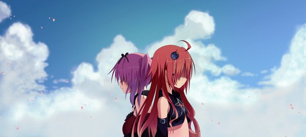 Anime picture 2222x1000 with toloveru darkness nana asta deviluke kurosaki mea eltk long hair highres wide image twintails multiple girls sky purple hair cloud (clouds) ahoge red hair profile coloring back to back hair over eyes girl hair ornament