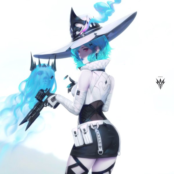 Anime picture 1920x1920 with deathverse (zeronis) original acis (deathverse) paul (shiramune) single looking at viewer highres short hair simple background white background signed pink eyes from behind aqua hair mole mole under eye lipstick pale skin blue lipstick girl
