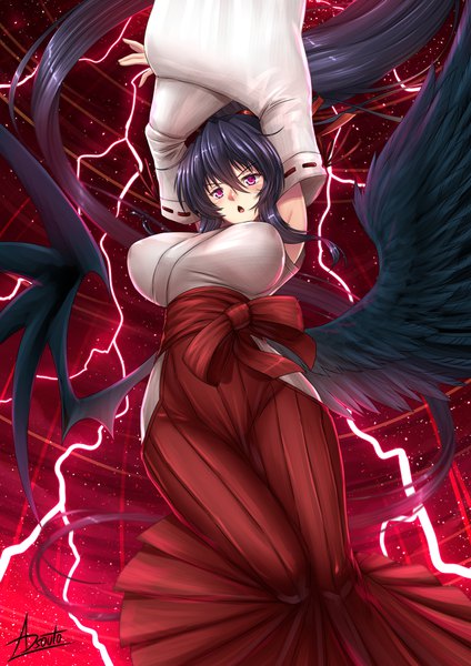 Anime picture 1240x1754 with highschool dxd himejima akeno adsouto single tall image blush fringe breasts open mouth light erotic black hair hair between eyes purple eyes signed payot bent knee (knees) ponytail very long hair traditional clothes japanese clothes