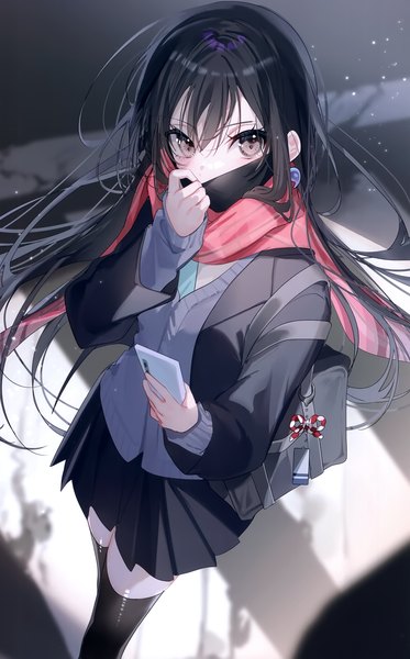 Anime picture 1871x3008 with original miwano rag single long hair tall image looking at viewer blush fringe highres black hair hair between eyes standing holding brown eyes long sleeves pleated skirt multicolored hair scan zettai ryouiki colored inner hair