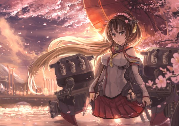 Anime picture 1403x992 with kantai collection yamato super battleship ks single long hair looking at viewer brown hair brown eyes ponytail traditional clothes japanese clothes hair flower wind sunlight girl skirt hair ornament flower (flowers) weapon miniskirt