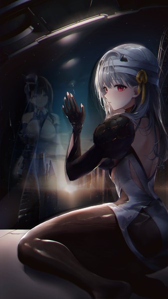 Anime picture 3240x5760 with goddess of victory: nikke modernia (nikke) marian (nikke) minncn long hair tall image fringe highres red eyes sitting multiple girls looking away absurdres silver hair evening reflection sunset anaglyph yokozuwari hair over shoulder
