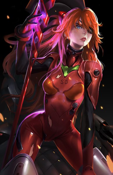 Anime picture 842x1300 with neon genesis evangelion rebuild of evangelion gainax soryu asuka langley shikinami asuka langley gfi lee single long hair tall image looking at viewer fringe blue eyes light erotic orange hair leaning leaning forward lipstick torn clothes glowing red lipstick