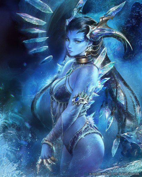 Anime picture 720x900 with mobius final fantasy agnidevi (artist) single long hair tall image looking at viewer breasts light erotic black hair standing green eyes horn (horns) lips blue skin girl