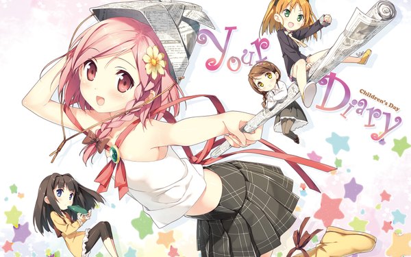 Anime picture 1920x1200 with your diary ayase sayuki yua (your diary) minagawa yuuhi hirosaki kanade kantoku long hair blush highres short hair open mouth black hair brown hair wide image standing sitting multiple girls brown eyes pink hair hair flower