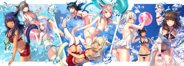 Anime picture 4000x1446 with final fantasy final fantasy xiv square enix miqo'te aruma jiki long hair blush highres short hair breasts open mouth blue eyes light erotic black hair blonde hair smile red eyes brown hair wide image large breasts