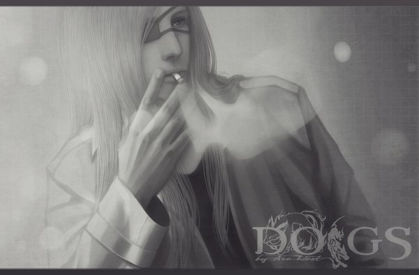 Anime picture 1432x942 with dogs: bullets & carnage david production badou nails ripa666 single long hair white hair realistic monochrome smoking boy shirt eyepatch cigarette