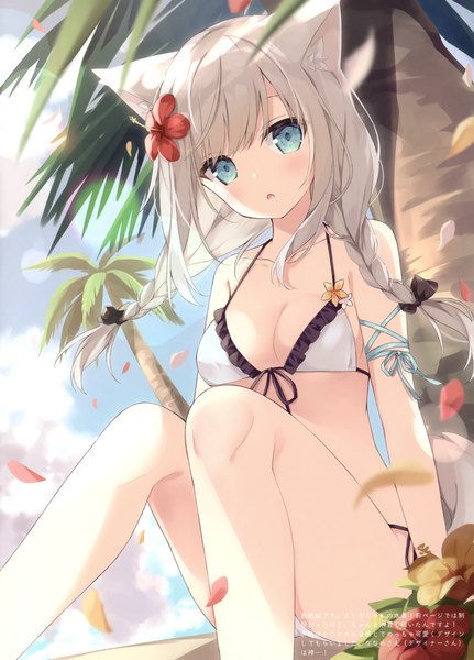 Anime picture 2123x2958 with original hoshi (snacherubi) single long hair tall image looking at viewer blush fringe highres breasts open mouth light erotic sitting bare shoulders animal ears payot sky silver hair cloud (clouds) bent knee (knees)