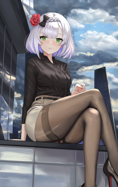 Anime picture 2500x3956 with genshin impact noelle (genshin impact) dolri single tall image looking at viewer blush fringe highres short hair breasts light erotic smile sitting green eyes sky silver hair cloud (clouds) bent knee (knees) outdoors