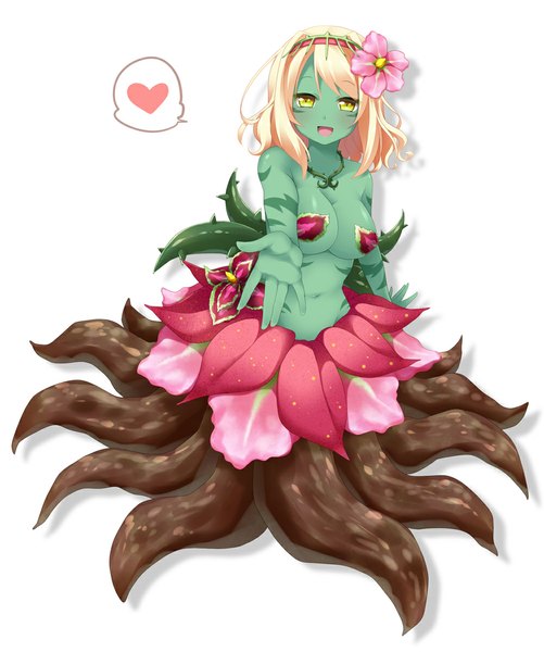 Anime picture 1000x1197 with original ringo yuyu single tall image blush short hair breasts open mouth light erotic blonde hair smile large breasts white background yellow eyes hair flower monster girl girl navel hair ornament plant (plants)